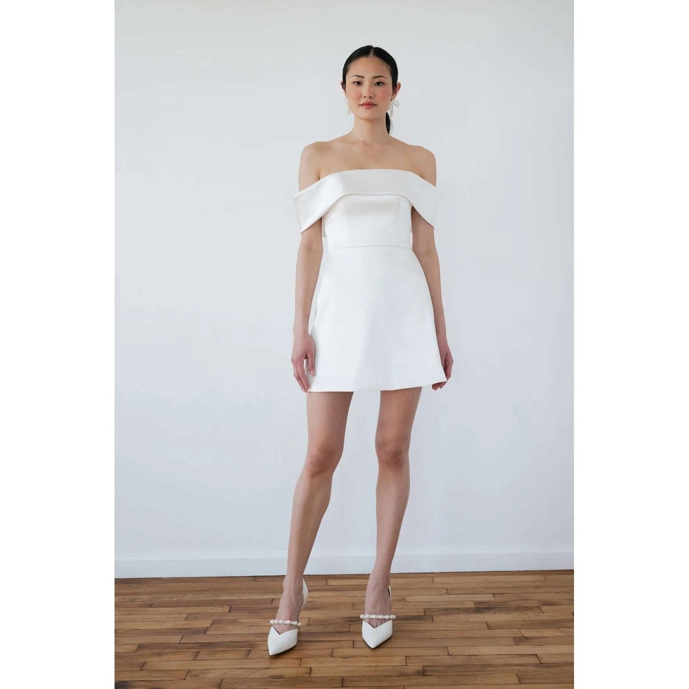 Jenny Yoo Macy Ivory Luxe Stretch Off The Shoulder Mini Dress Women Size 14